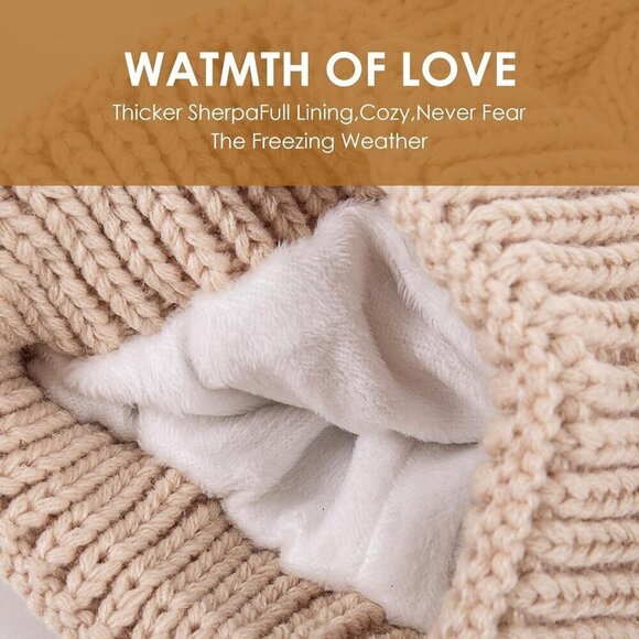 ?Piozaed Faux Fur Pom Women White Soft Knit Beanie Warm Fleece Lining Skull Hat main image 4